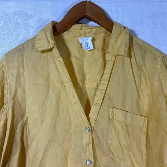 Sigrid Olsen Medium Button Up Shirt Yellow Linen Long Sleeve Roll Tab Boho - Picture 8 of 13